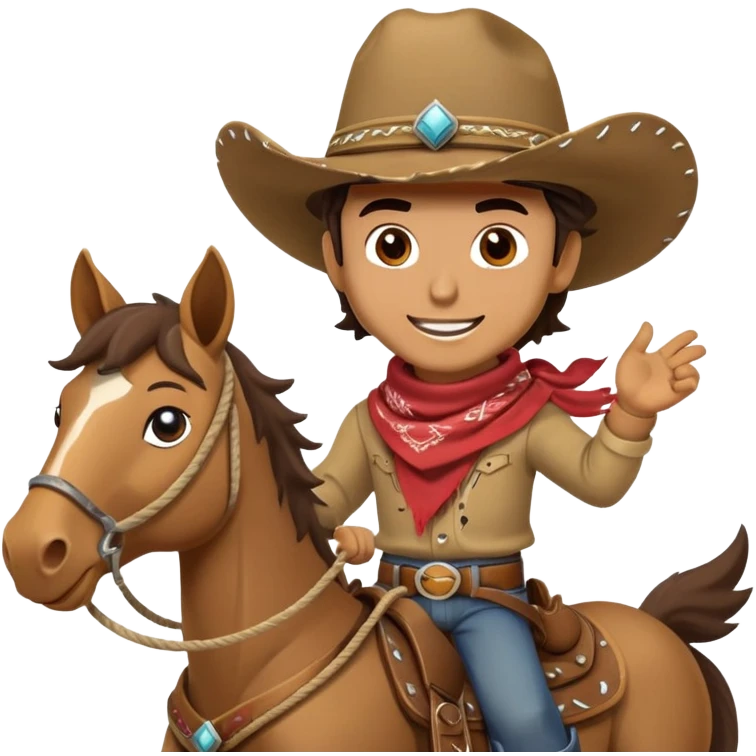 clash-of-clans-aesthetic_-cinematic-playful-cowboy-portrait-emoji, head-tilted with a roguish, cheeky grin and twinkling eyes, featuring a rugged, spirited build with a wide-brimmed cowboy hat and a rugged bandana, tan skin-tone, riding a galloping horse with reins in one hand and a lasso in the other, dust trailing behind. emoji