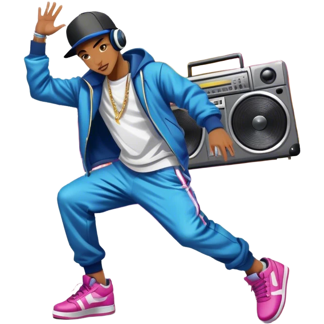 Icon for Street Dance: a dancer in urban streetwear performing a dynamic lower breakdance move, with a spray-painted background and a boombox on the asphalt. The icon should capture the energy, style, and creativity of street dance culture. Transparent background. emoji