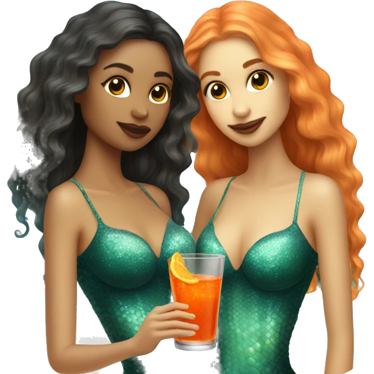 Three beautiful mermaids (light skin) drinking aperol emoji