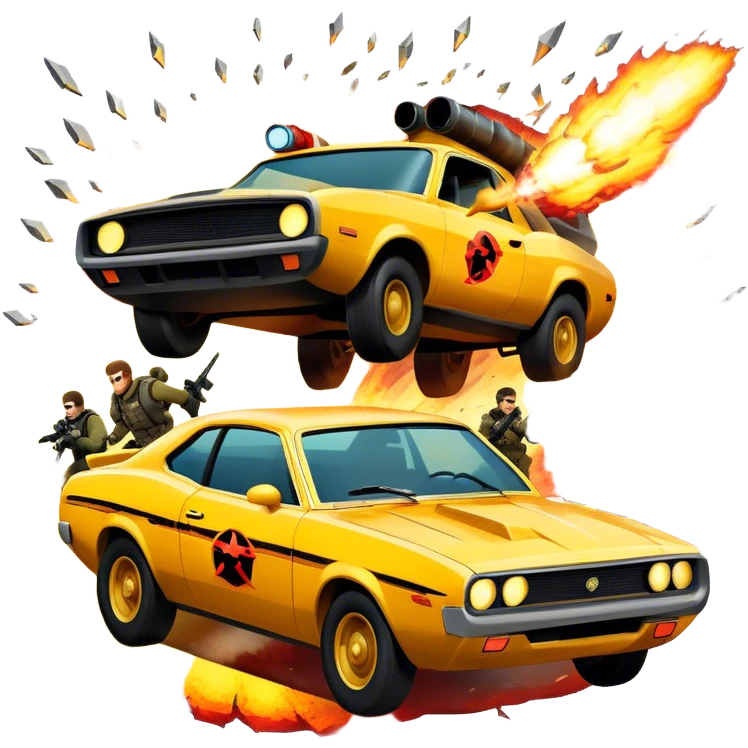 Icon for Action Movies: A photorealistic, vibrant collage in the style of a movie poster, featuring intense action scenes—explosions, high-speed chases, and dramatic close-ups of characters in combat. The design should capture the adrenaline-pumping energy of action films. Transparent background. emoji