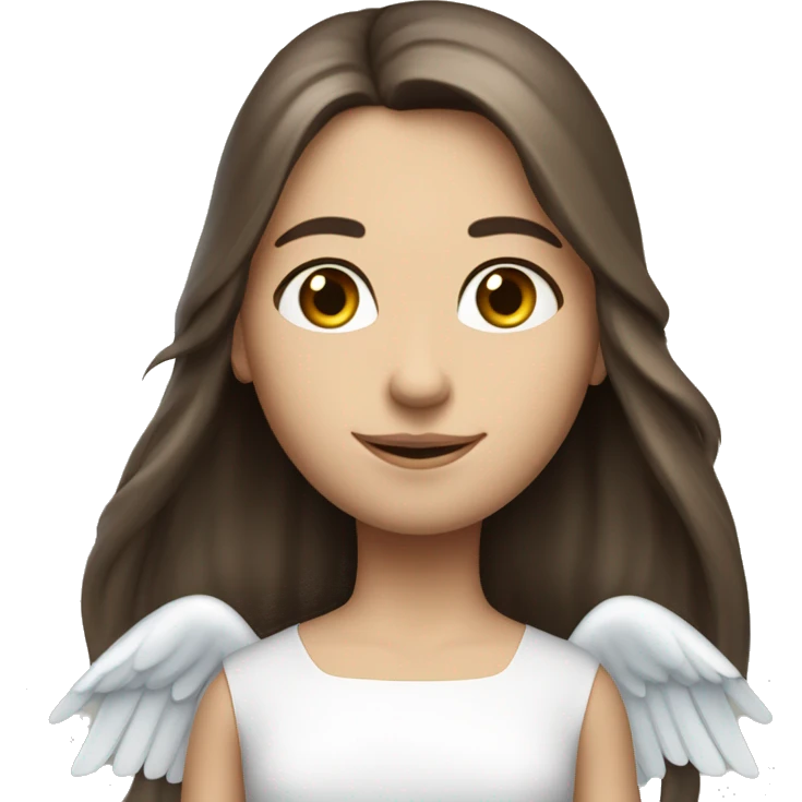 Caucasian brunette angel with long straight hair, dimples, big blue eyes, halo and wings emoji
