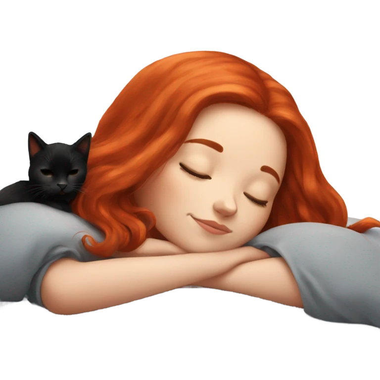 Red hair girl sleeping with black kitty emoji