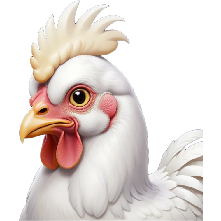 Cinematic Noble White Chicken Portrait Emoji, Poised and regal, with a compact, sturdy build and a pristine, well-groomed pure white plumage, deep-set soulful beady eyes, Simplified yet sharp and sophisticated features, highly detailed, glowing with a soft, dignified glow, high shine, intelligent and alert, stylized with an air of barnyard elegance, focused and attentive, soft glowing outline, capturing the essence of a watchful and confident fowl, so majestic it feels as though it could strut out of the screen with effortless authority! emoji