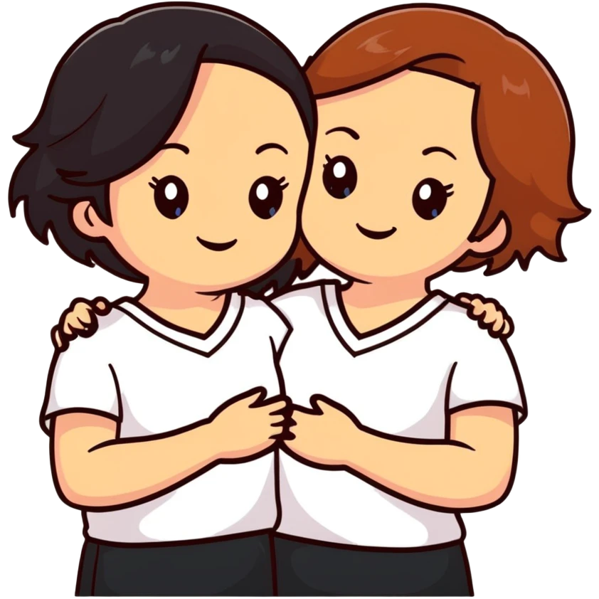 Two girls with light skin, one with chestnut hair and one with black hair, wearing white V-neck shirts, hugging warmly with gentle smiles emoji