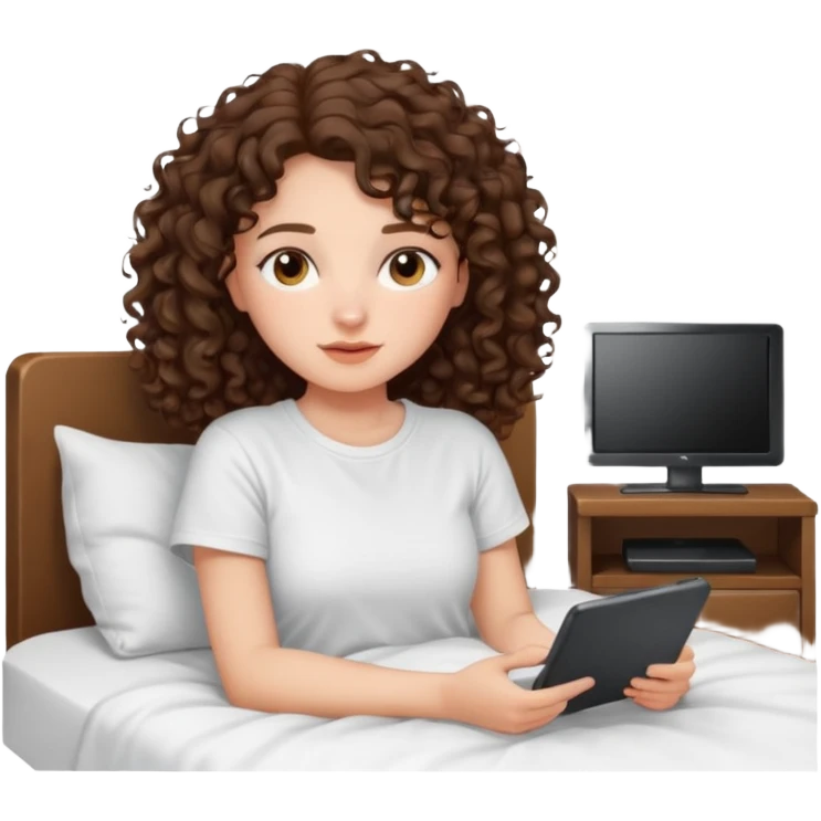 A girl, brunette with curly hair down to her shoulders, watching TV. Have her lie down on the bed, and put on Netflix on the TV. She walks by with her back to the camera, looking at the TV. emoji