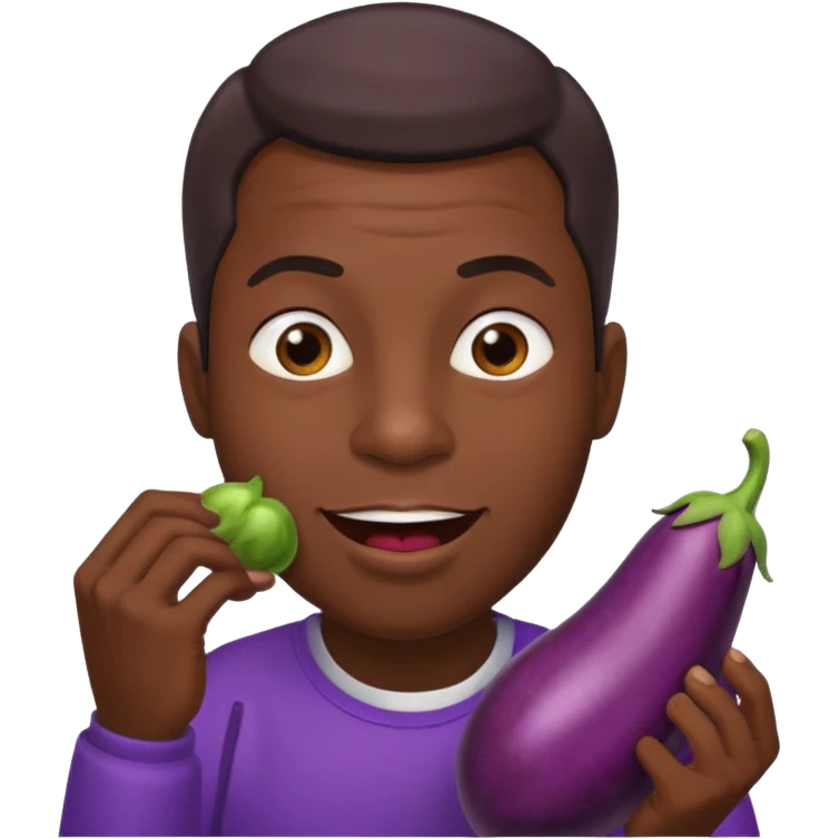 Black man biting his lip, while holding an eggplant infront of him emoji