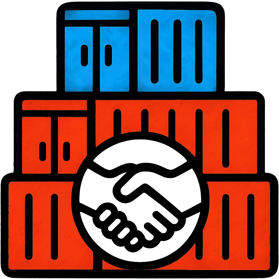 A fun icon of a stack of shipping containers with a partnership symbol, using only colors #1E90FF, #F13816, and #FFFFFF emoji