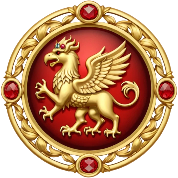 Golden griffin crest / brosch in a circle with red gems and no background emoji