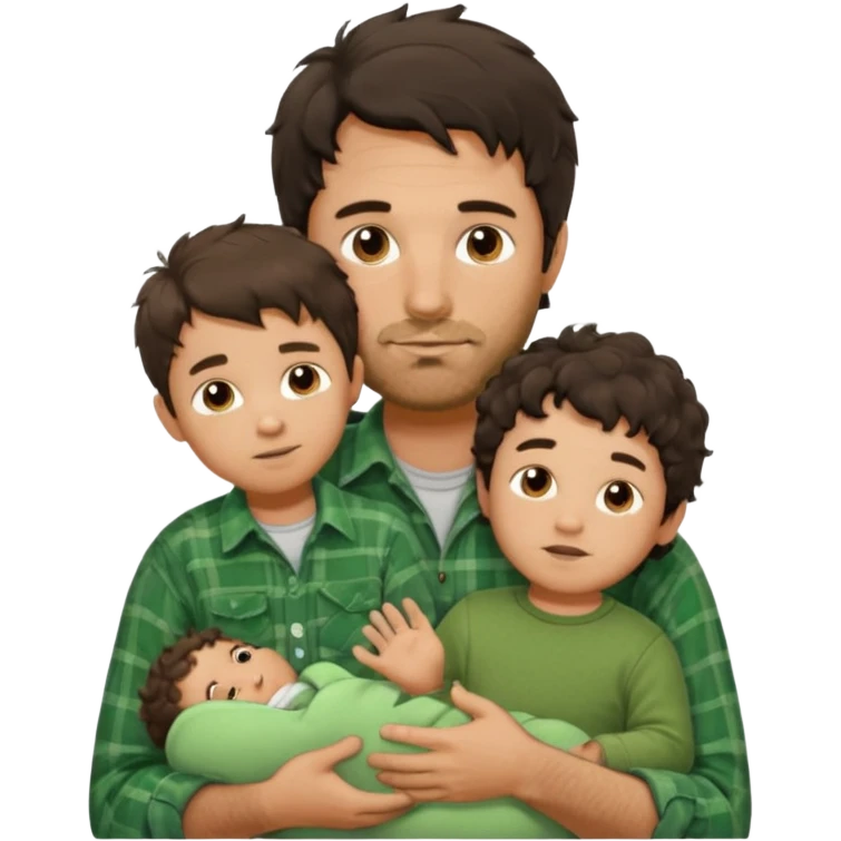 A father with messy medium-length dark hair and light stubble, wearing a green flannel shirt. He holds his child who has short curly brown hair and a cream-colored romper. Cozy warm lighting, authentic family moment. emoji