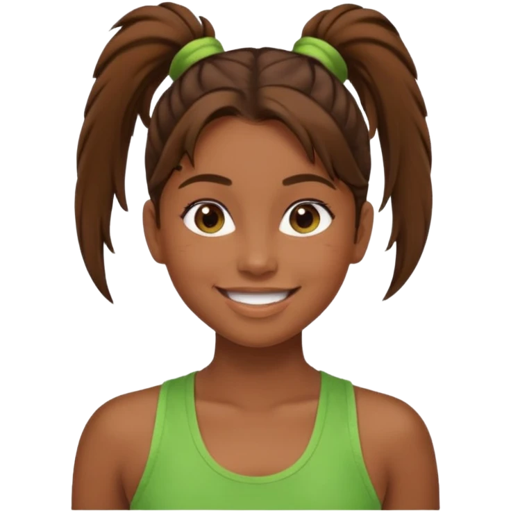 Девушка с хвостом, коричневые волосы и две пряди у лица, в зеленой майке радуется emoji