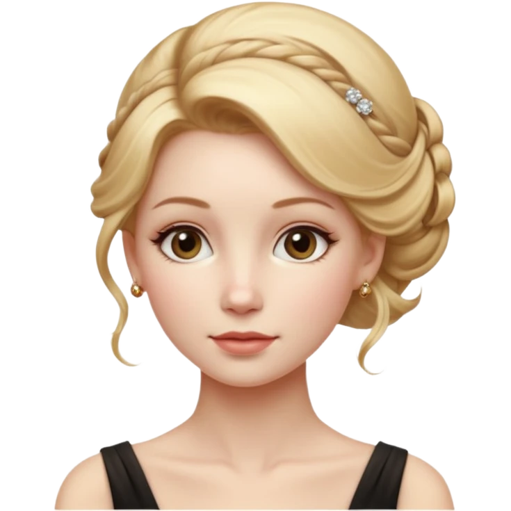 Cinematic Realistic Rococo Portrait, depicted with lifelike skin texture, subtle rosy undertones, and soft natural lighting that enhances the gentle contours of her face. Her intricately detailed golden blonde hair is elegantly styled in an updo, emoji