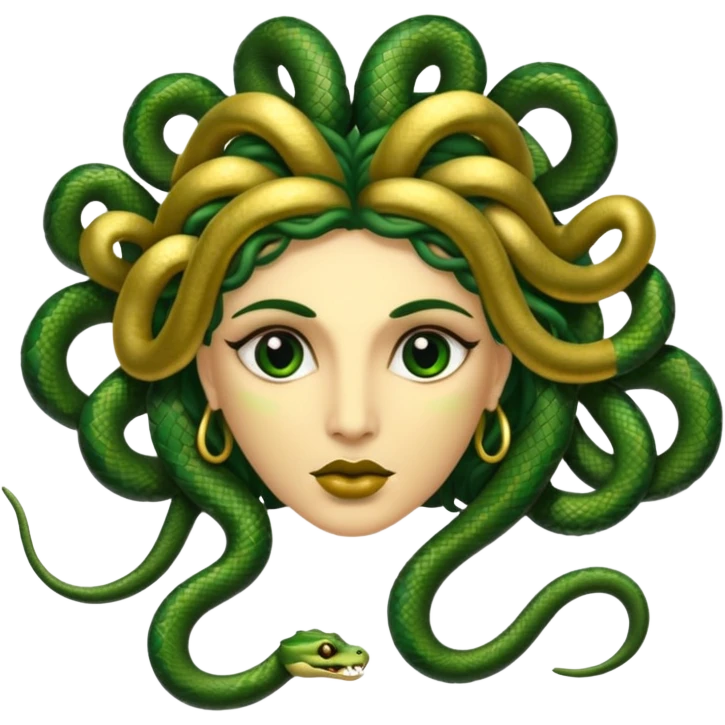 The Sicilian Medusa in gold and green and make the snake hair have snake faces  emoji