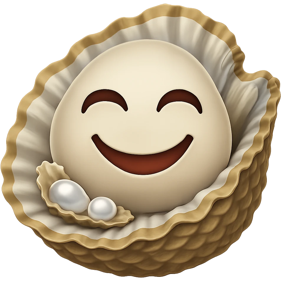 Add a smiling face to the oyster in emoji style, keep the look consistent with emoji style, no background. emoji