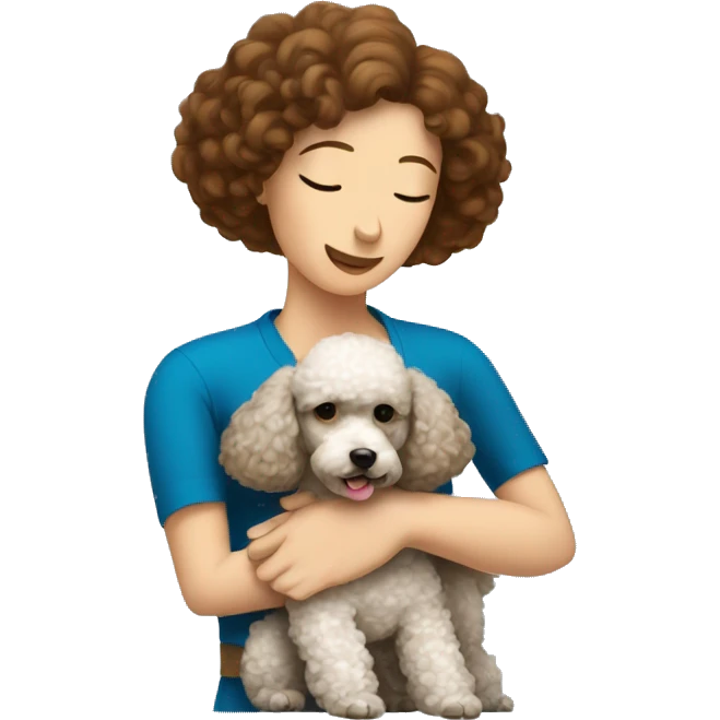 A poodle in an embrace with a brown-haired woman with a square emoji