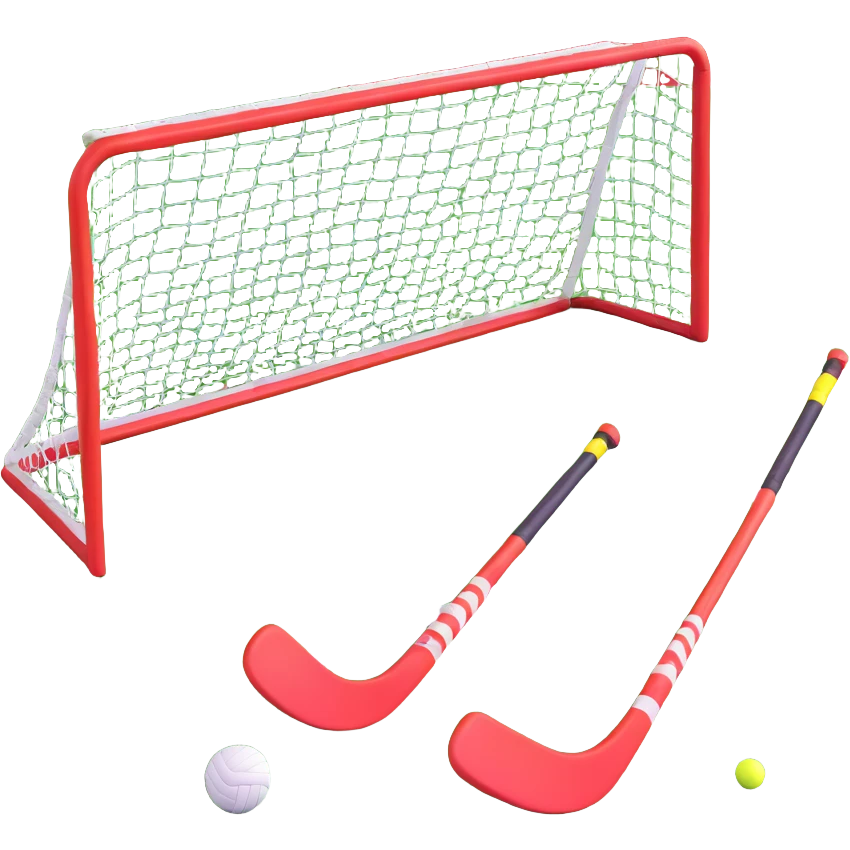 field hockey equipment on lush green pitch with goal in background emoji