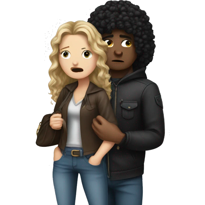  white girl with long black curly hair crying next to a thief who stole a women bag emoji
