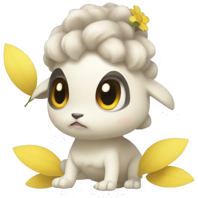 a white female only pokemon with stubby arms and legs it also has a yellow petals under its lower body covering its lower body emoji