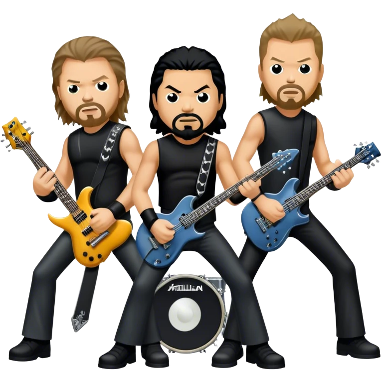 Icon for Metal Music: Metallica four band members detailed in their signature look. James Hetfield with guitar, Lars Ulrich on drums, Kirk Hammett with his electric guitar, and Robert Trujillo playing bass. Bold, energetic style, all in a heavy metal aesthetic. Transparent background. emoji