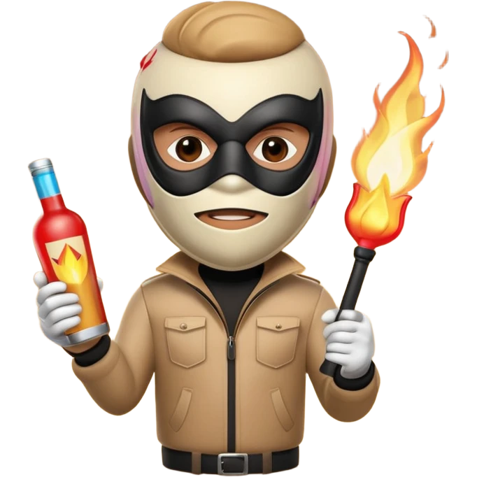 A 3D cartoon masked figure holding a lit Molotov cocktail, dark background, dramatic light, realistic Memoji-style. emoji