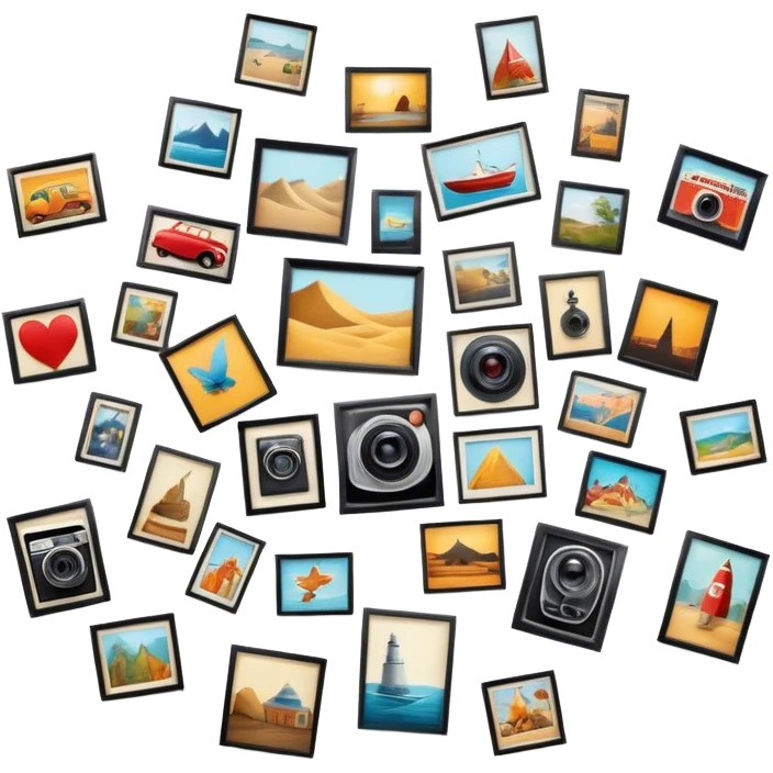 Icon for Photograph and Poster Collecting: a collection of photographs and movie posters, neatly displayed on a wall or in frames. The icon should evoke the nostalgia and artistic value of collecting rare images and posters. Transparent background. emoji
