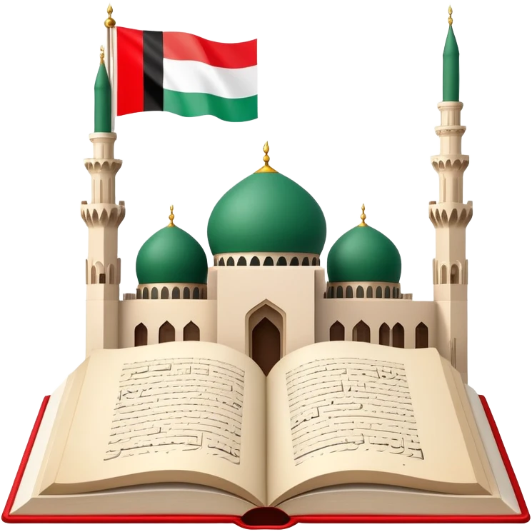 An icon featuring the mosque and the flag of United Arab Emirates, symbolizing the Arabic language. The design includes an open book with Arabic script and calligraphy, representing language learning and cultural heritage. Transparent background emoji
