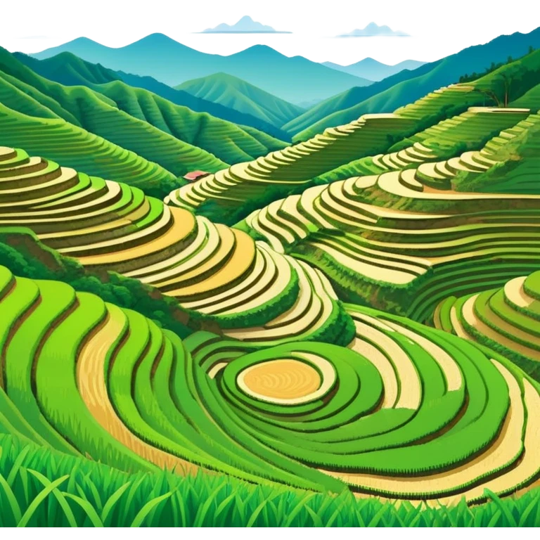 Longji Rice Terraces Guangxi curved farming terraces, simplified emoji style with bold outlines and bright colors, cartoon style layered green fields on mountain emoji