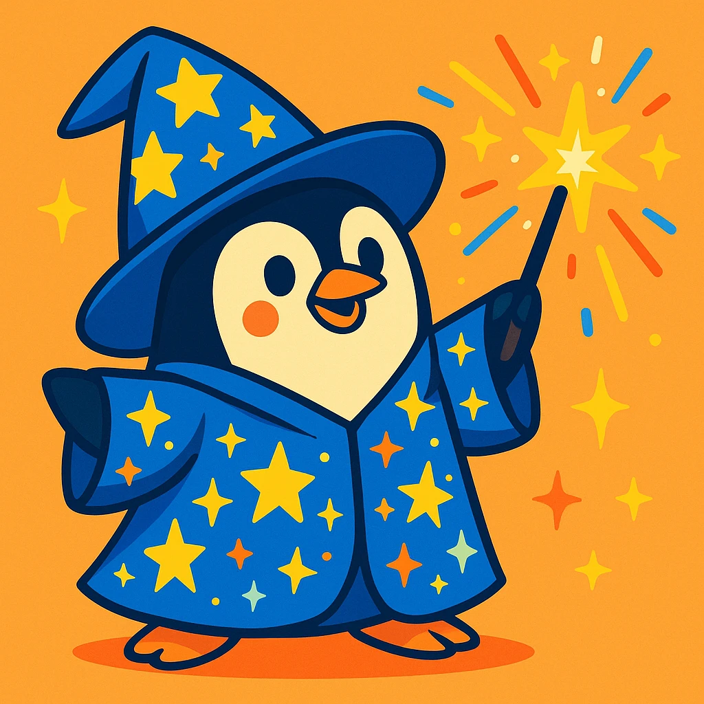 a penguin wizard casting a spell, with sparkles and a starry robe, playful cartoon style emoji