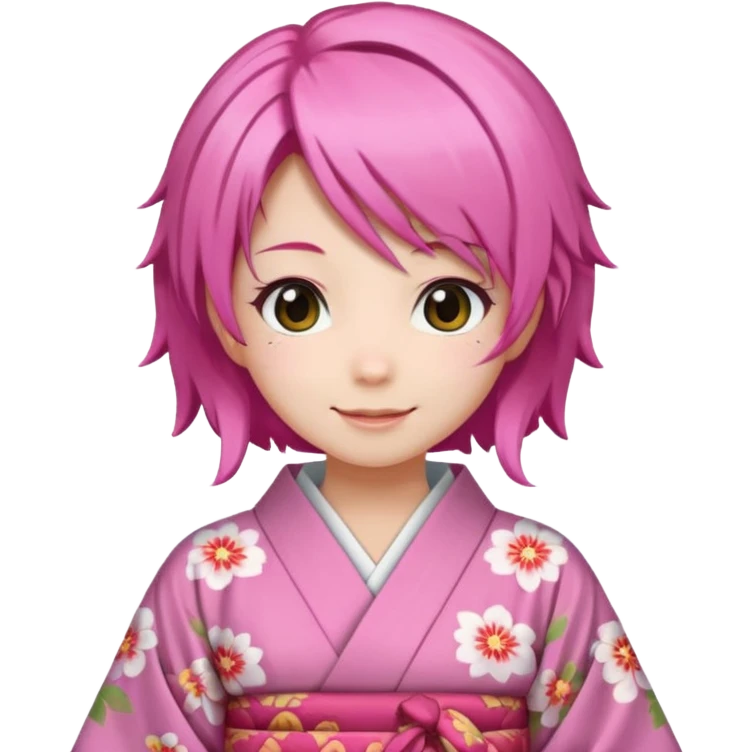 anime girl pink hair smiling , in kimono emoji