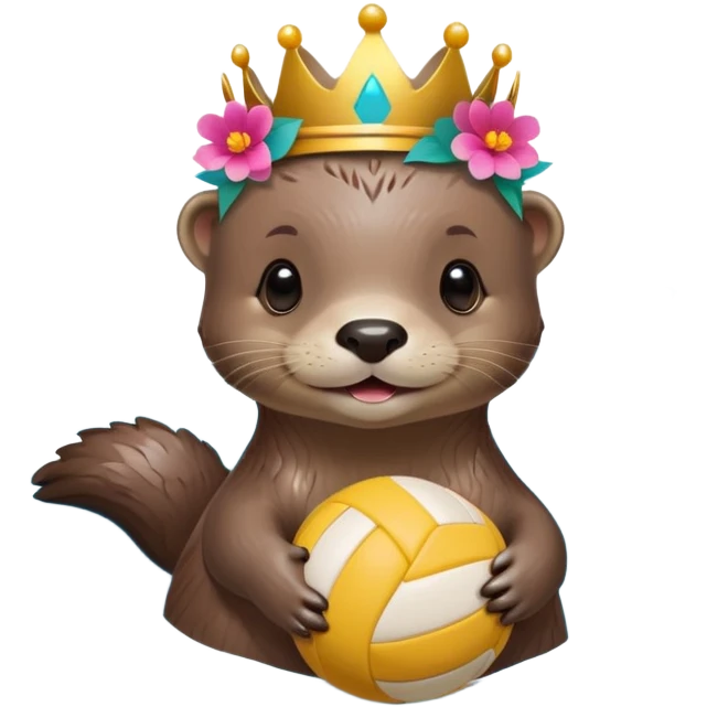 super cute baby otter with a colorful flower band/crown around its head, gentle expression and soft rounded eyebrows, floating on VERY CLEARLY VISIBLE blue water with prominent waves and ripples, baby otter with big sweet eyes holding a volleyball with both small paws above the water emoji