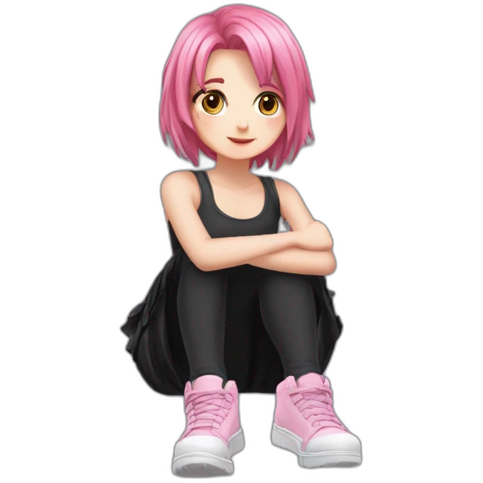 Full body Front view curvy emo girl pink hair sits on the floor straight view hands up black skirt полосатые рваные чулки emoji