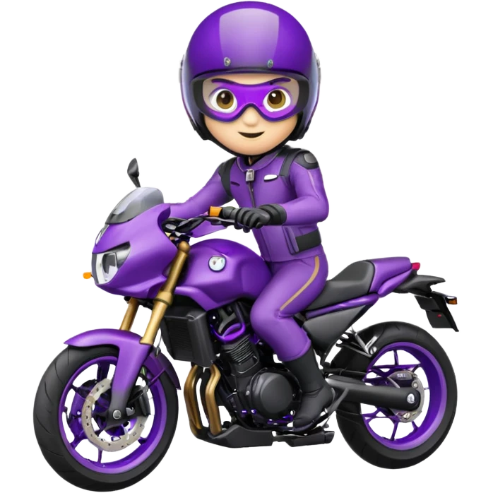 Créer un emoji avec une moto mt07 sport noir mate / violet iridescent très foncé, pare-brise de la moto violet. Avec une pilote dessus, visage masqué par la visière violette . Avec en arrière plan cercle violet. emoji
