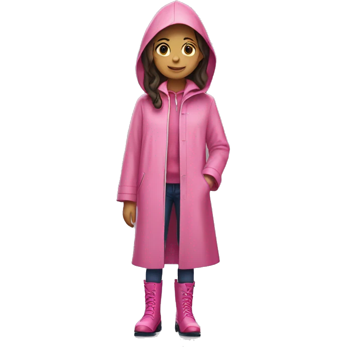 Girl in Pink raincoat wide dress and rainboots in rain  emoji
