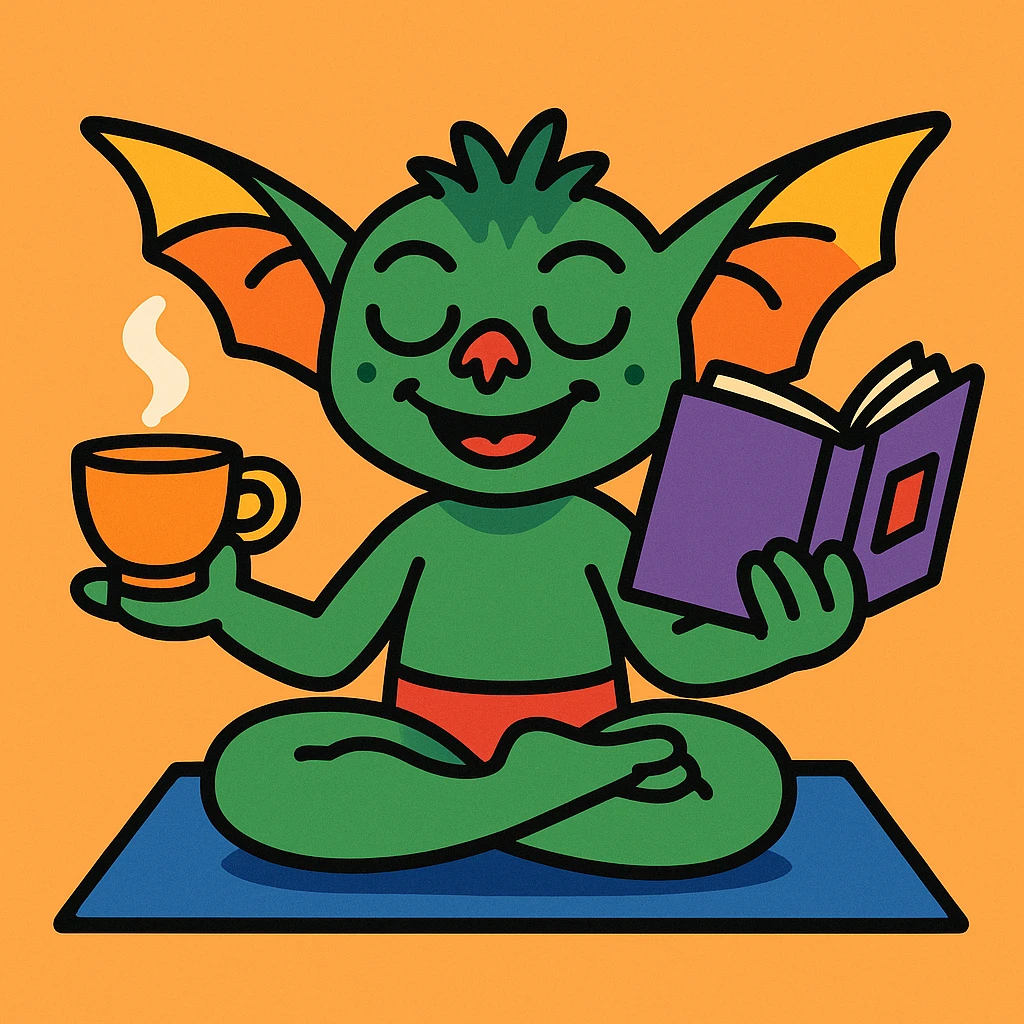 playful and lighthearted gremlin doing yoga, sipping tea and reading a book emoji