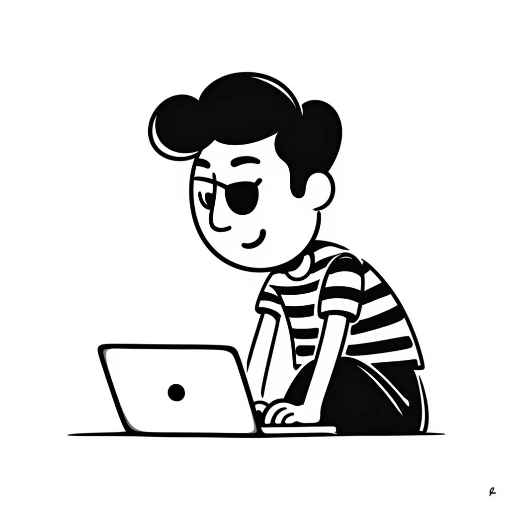 a pirate with a laptop, hand-drawn doodle style emoji