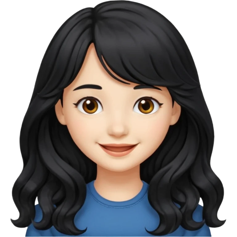 Please generate a portrait of a pretty girl with long, wavy, black hair. She's smiling. She also wears a middle parting and bangs. emoji