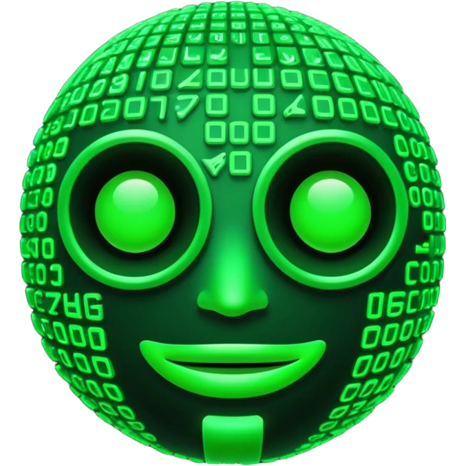 Cyberpunk emoji formed from cascading green Matrix symbols, neon glow, dark futuristic background, smooth rounded design, 3D style, high contrast, cinematic lighting. emoji