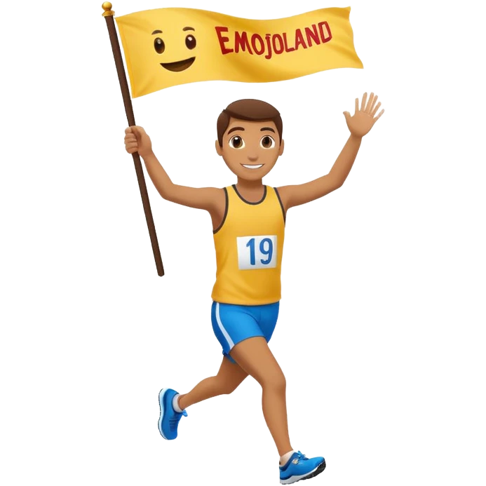 happy runner waving a flag that says 'emojiland’ emoji