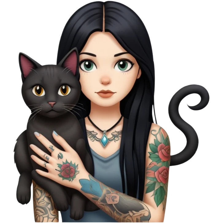 white girl with long black  straight hair and tattoos and  a German Cat emoji