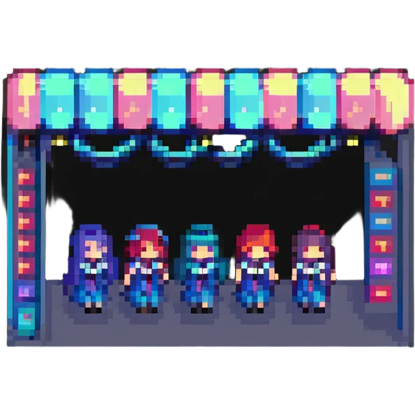a kpop group, pixel art style, performing on stage emoji