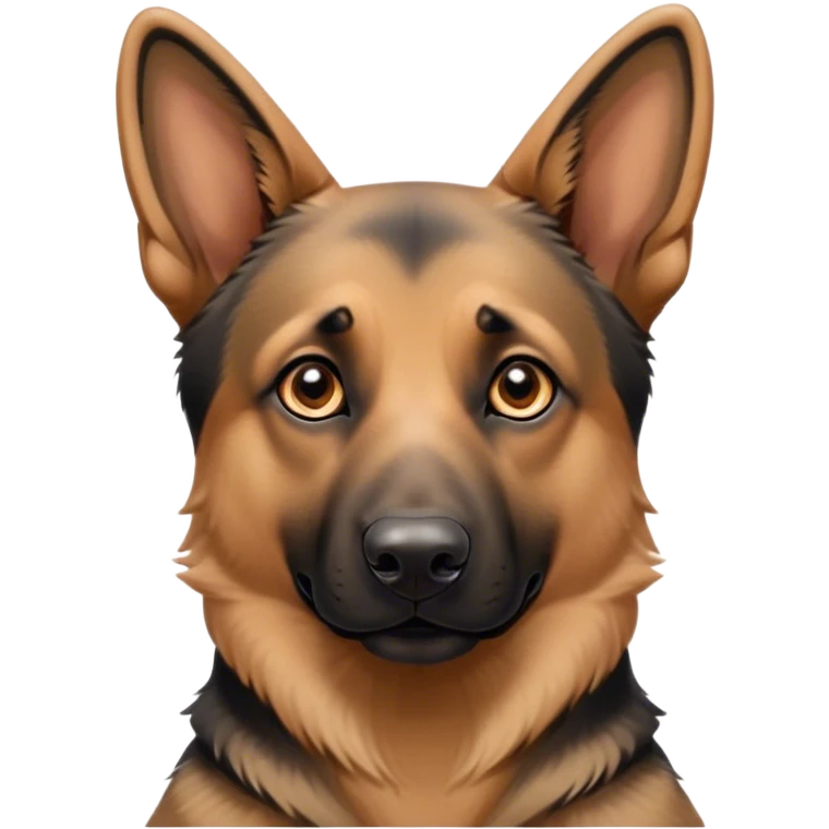 Cinematic Cute Tan/Black German Shepherd Portrait Emoji, Head tilted playfully and inquisitively, showcasing a smooth tan coat with distinctive black markings and piercing brown eyes filled with curiosity, Simplified yet irresistibly adorable features, highly detailed, glowing with a warm, friendly glow, high shine, affectionate and alert, stylized with a touch of whimsy, bright and endearing, soft glowing outline, capturing the essence of a mischievous yet loving guardian, so playful it feels like it could bound out of the screen and into your arms! emoji