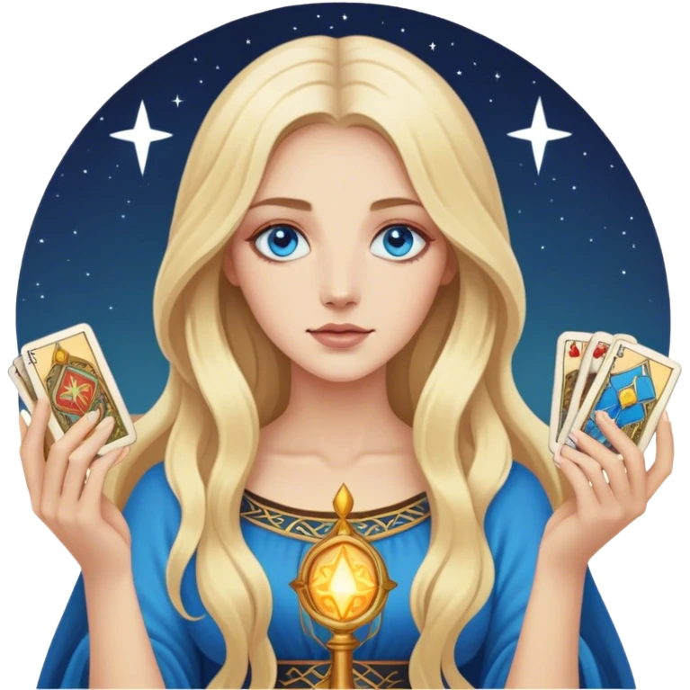 Realistic modern blonde with long hair and blue eyes holds tarot cards in her hands emoji