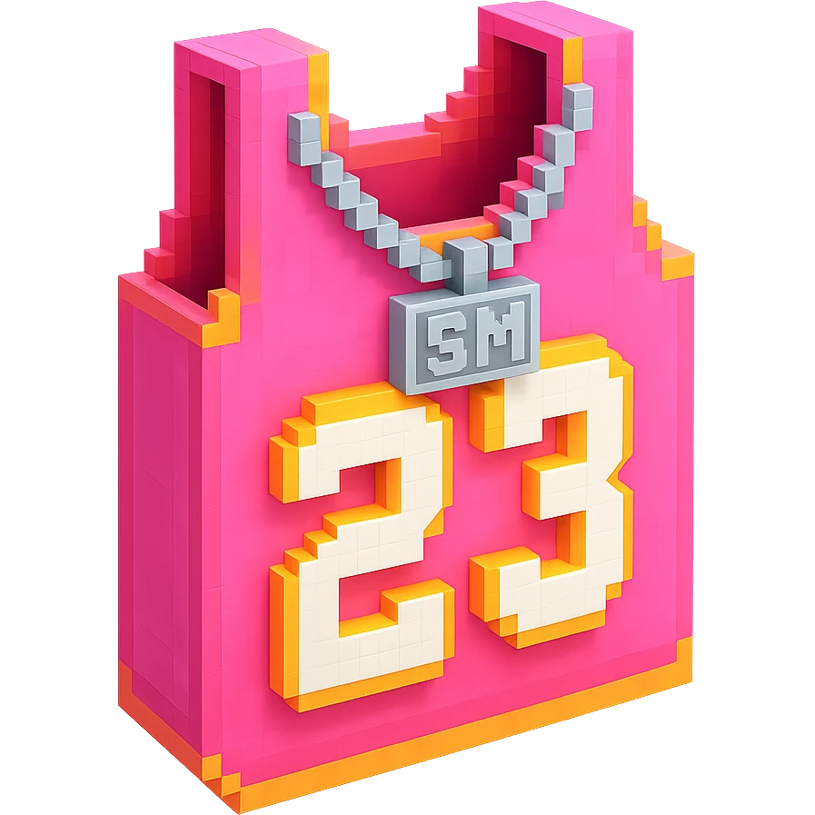 светящейся розовая баскетбольная майка с надписью "23" и серебряная цепь с надписью "SM", no background emoji