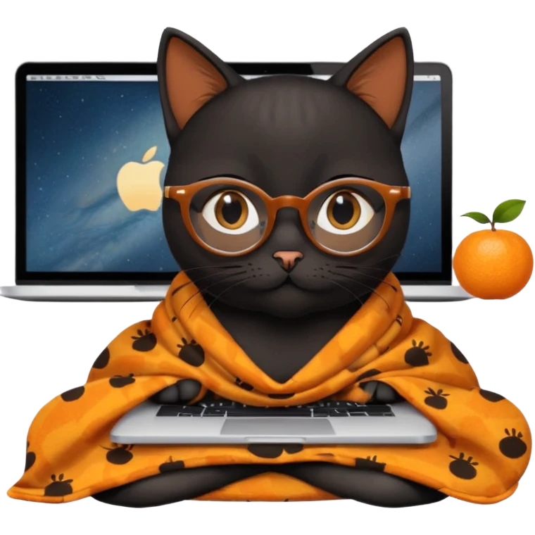 A black female cat working on a MacBook, with long, black straight lashes, round glasses and she wears a blanket with an orange fruit pattern emoji