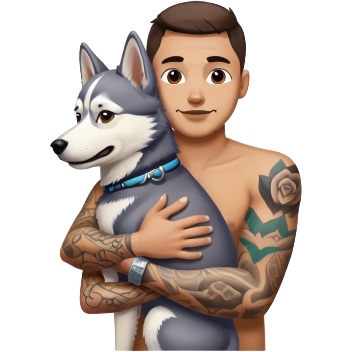 Tattooed both arms guy hugging a husky dog emoji