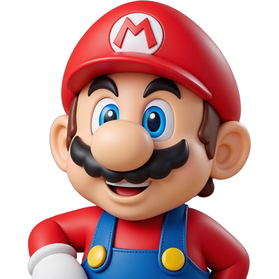 a worker in factoryA 3D-rendered head of a character inspired by Super Mario, facing slightly from front-left to right. The head should include his signature red cap with an ‘M’, large round nose, thick mustach emoji
