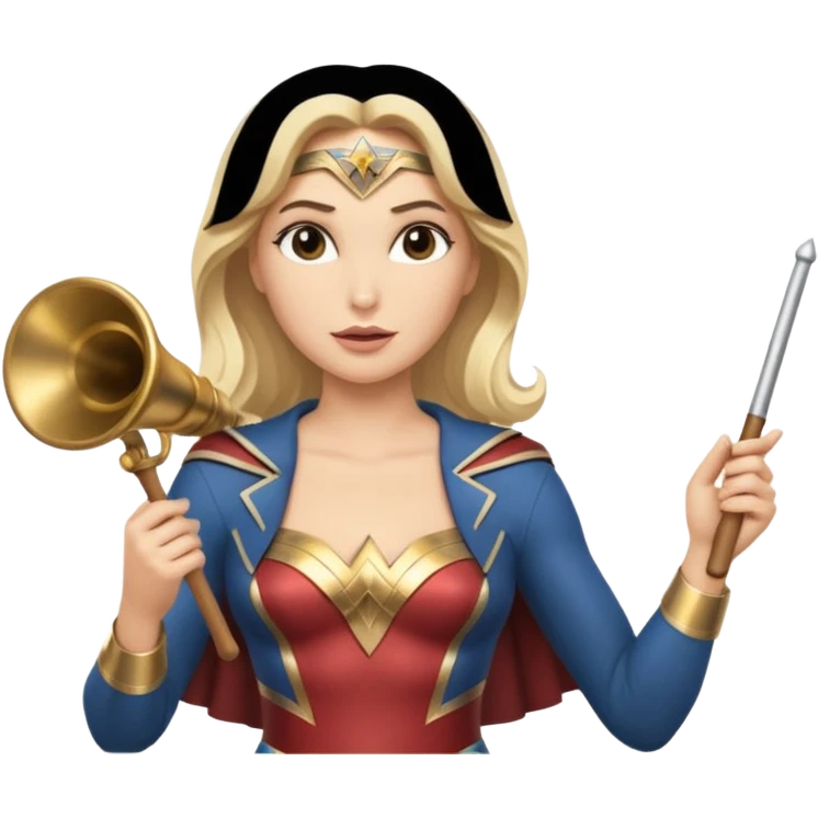Blonde Wonder Woman holding bell and short white orchestra conductor’s baton  emoji