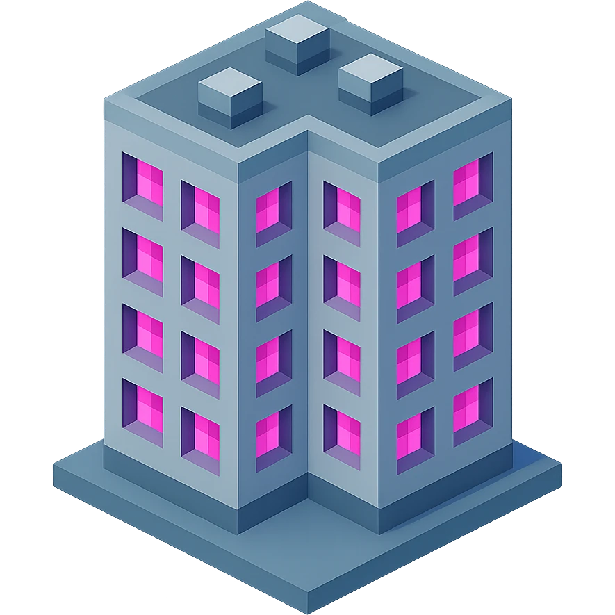 Russian panel apartment building, modern square block, light gray, windows with bright pink glow, isometric view emoji