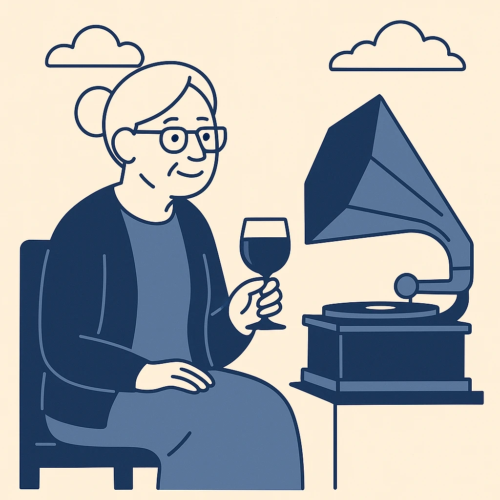 old lady with wineglass listening to gramophone emoji