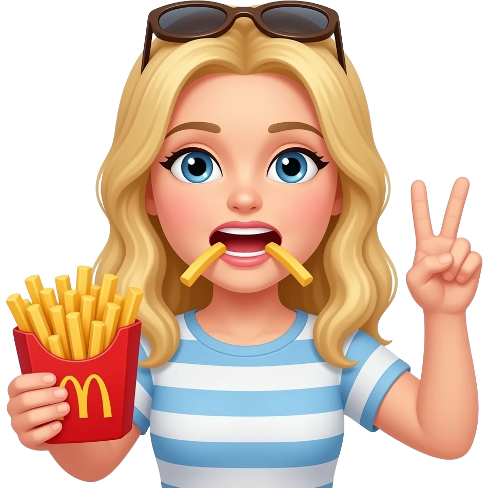 Blonde lady holding french fries throwing up peace sign emoji
