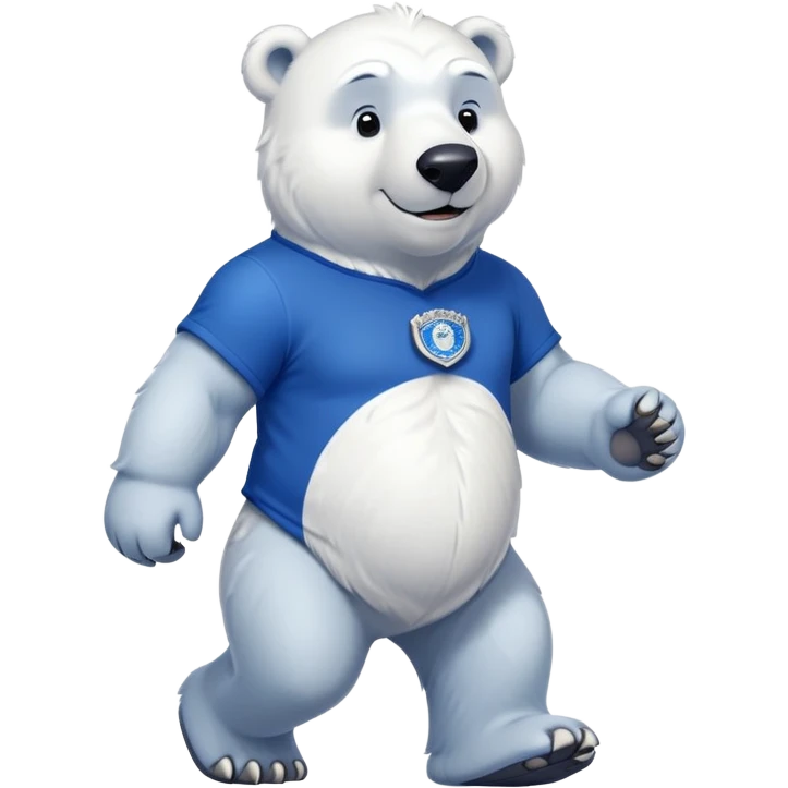 muscular friendly anthropomorphised polar bear walking confidently, wearing a royal blue t-shirt, proud expression emoji